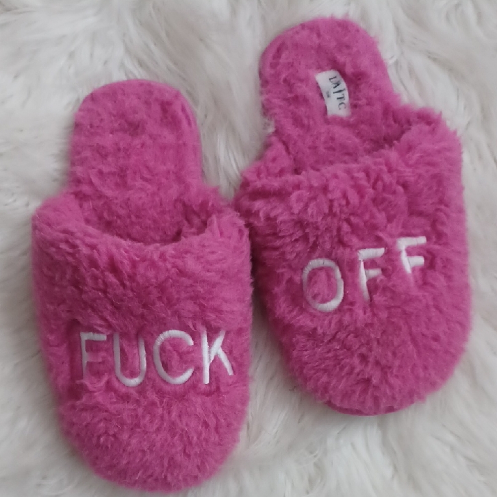 Pink Fuzzy Slippers with Bold Text